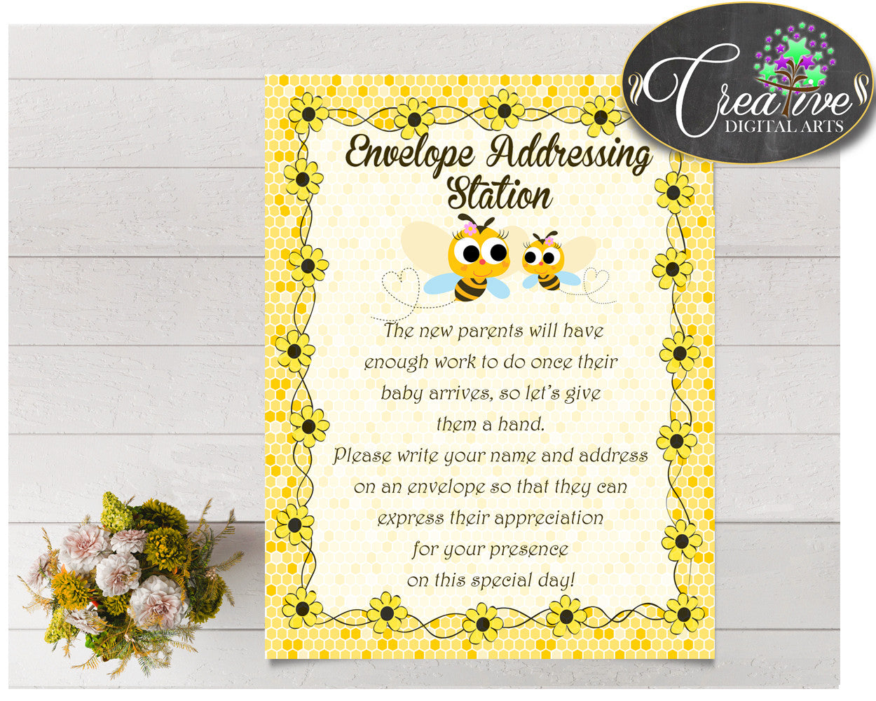 ENVELOPE ADDRESSING STATION baby shower sign, bee baby shower, bumble baby shower sign, instant download, digital pdf jpg - bee01