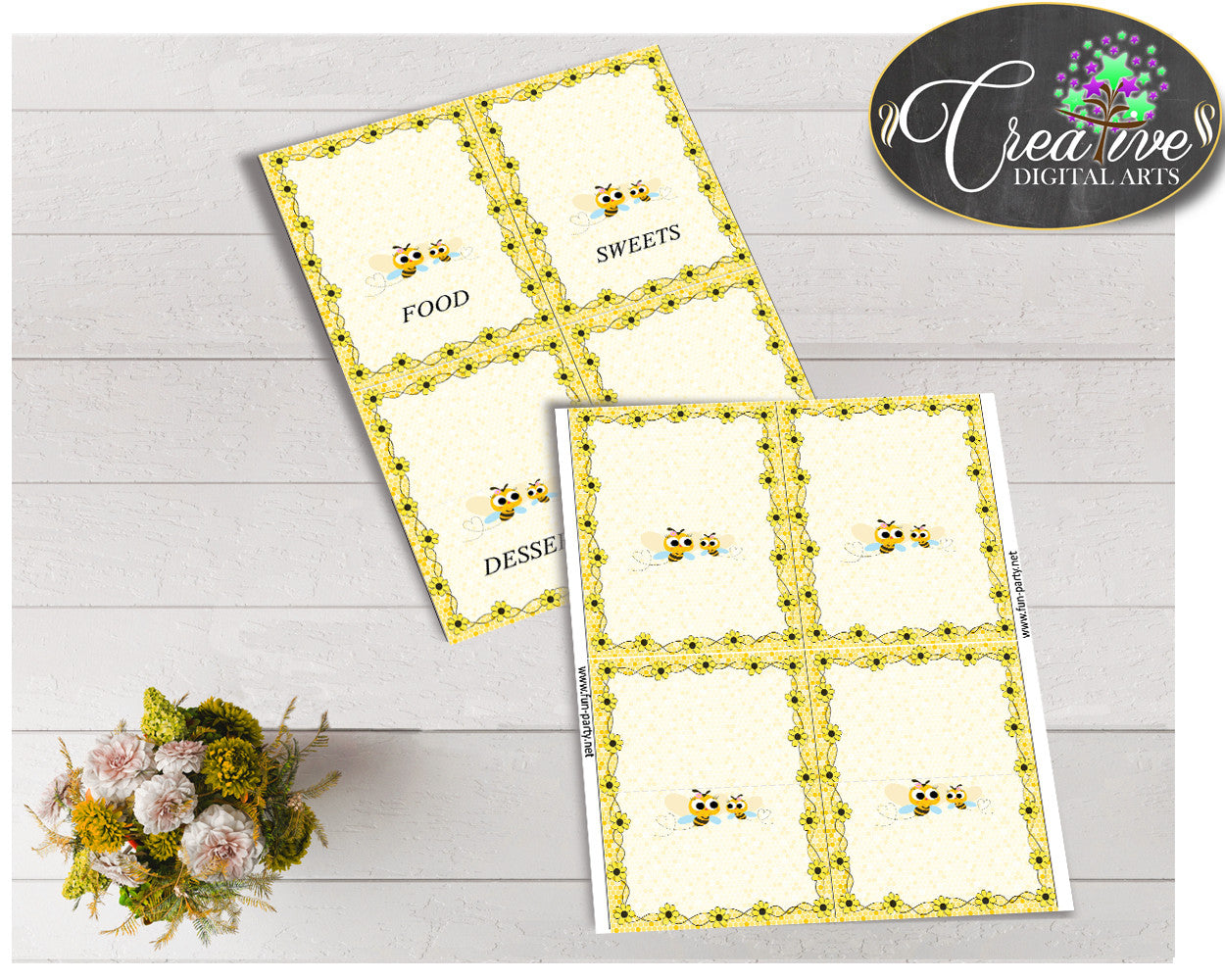 Baby shower Place CARDS or FOOD TENTS editable printable with yellow bee for boys and girls, instant download - bee01