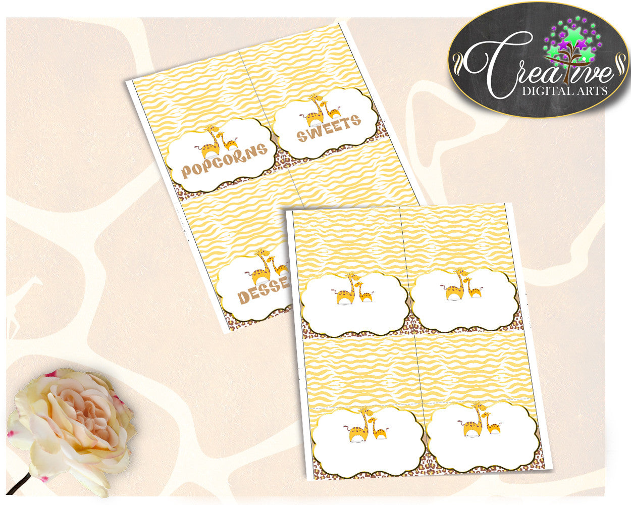 Giraffe Place CARDS or FOOD TENTS editable in brown yellow theme printable, digital files, Jpg and Pdf, instant download - sa001