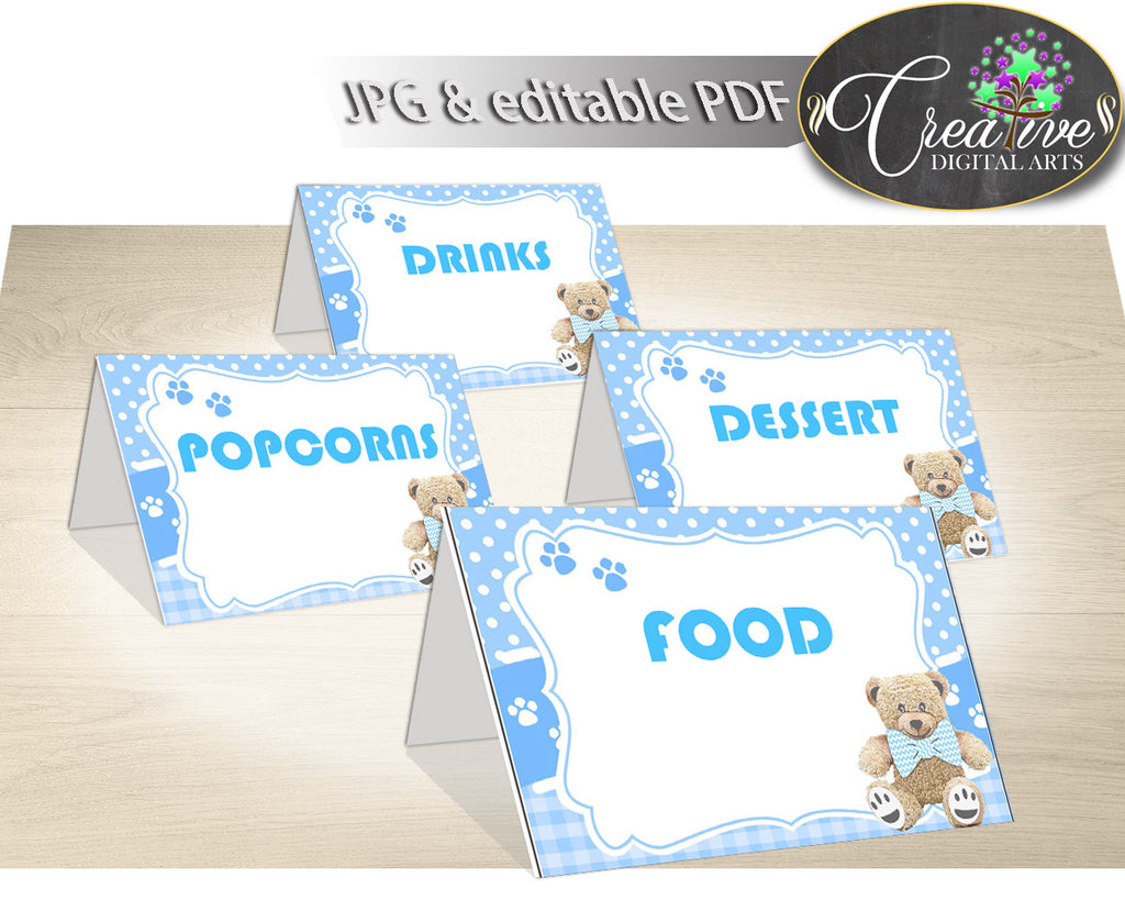 Baby shower Place CARDS or FOOD TENTS editable printable, teddy bear baby shower, boy baby shower, digital pdf, instant download - tb001