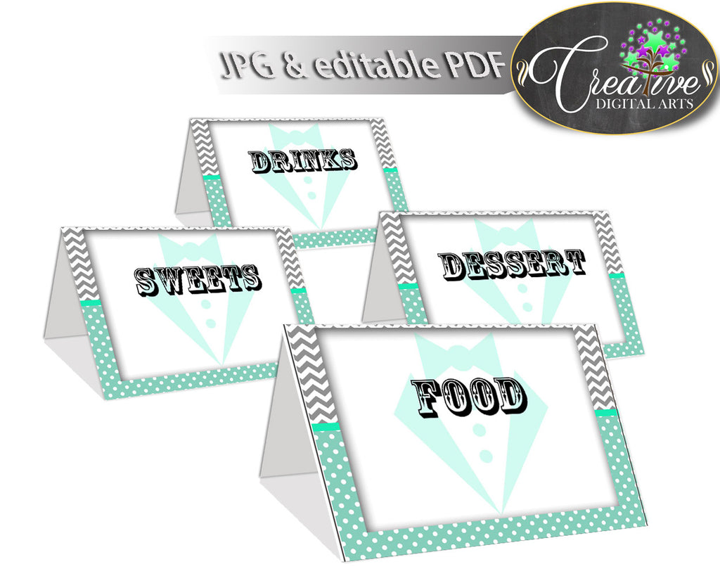 Baby Shower Little Man Place CARDS or FOOD TENTS editable printable gentleman mint green gray theme, digital files, instant download - lm001