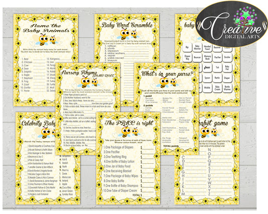 Yellow Baby Shower games package bundle printable with honey bee yellow for boys or girls, 8 games pack - Instant Download - bee01