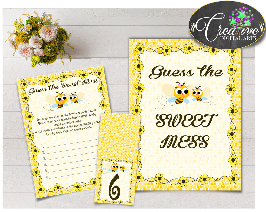 Baby shower GUESS the SWEET MESS game cards, tents and sign with yellow bees, instant download - bee01