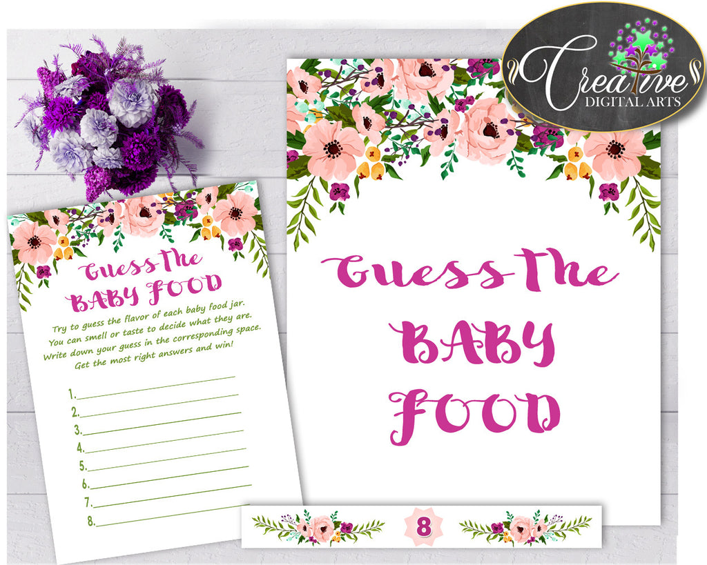 GUESS The BABY FOOD watercolor flowers game for baby girl shower in floral pink theme printable, digital, Jpg Pdf, instant download - flp01