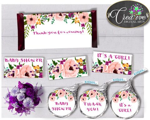 Baby shower Floral CANDY BAR decoration wrappers and labels printable watercolor flowers pink theme girls, Jpg Pdf, instant download - flp01