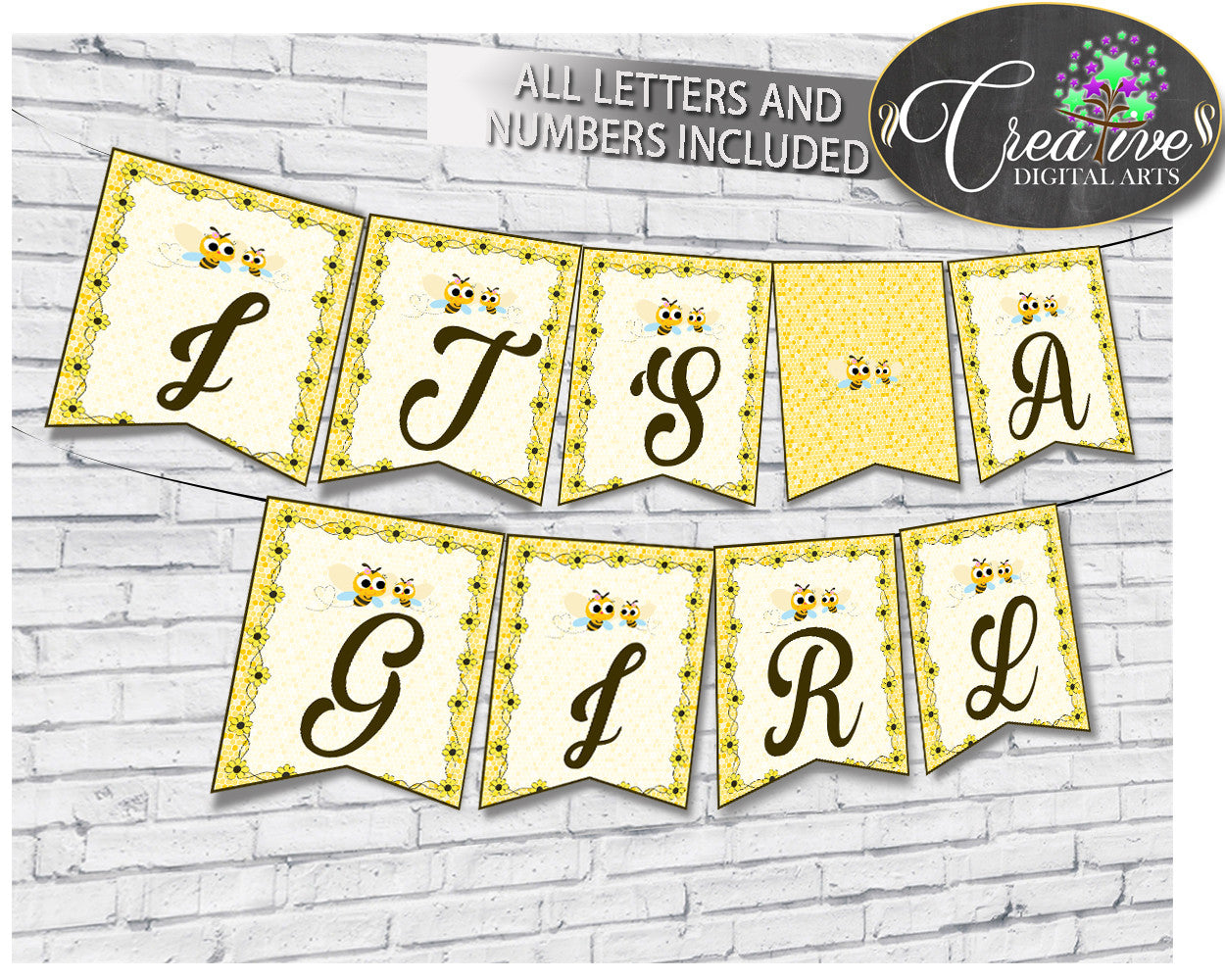 Baby shower BANNER decoration printable with yellow bee, all letters, digital files, instant download - bee01