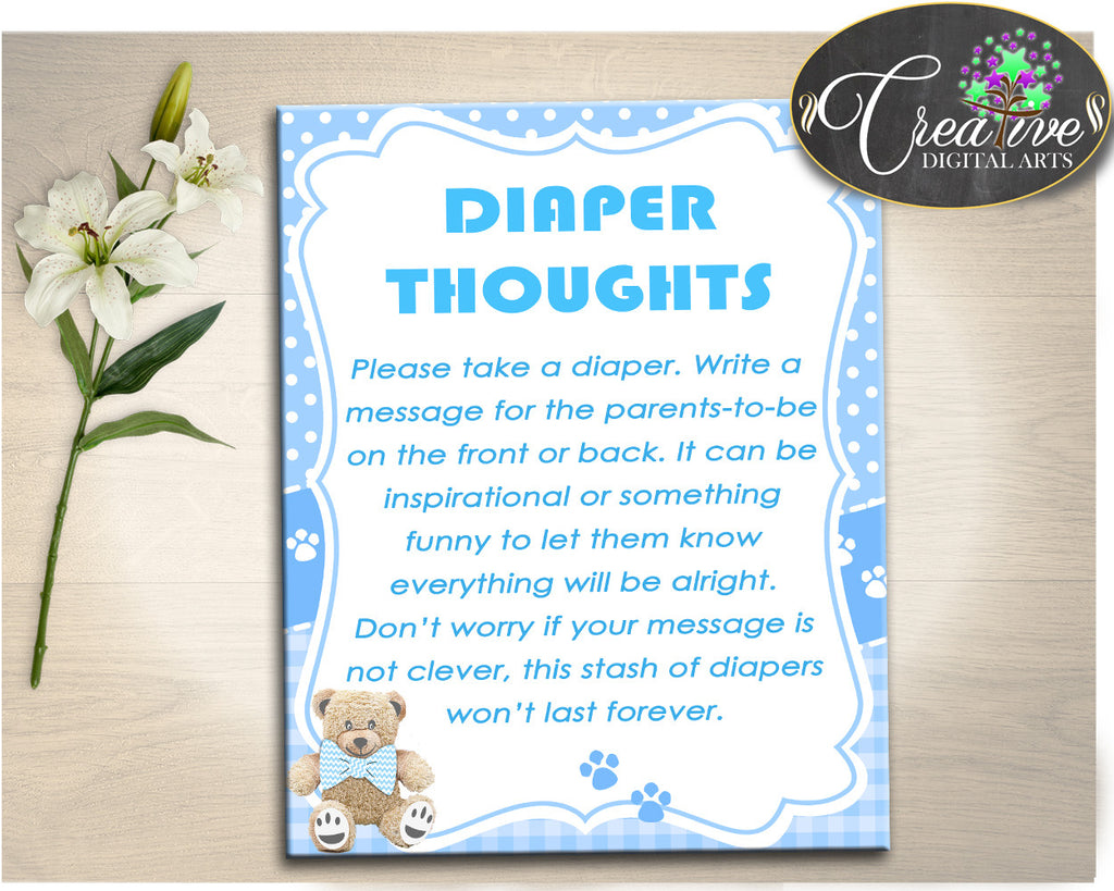 Teddy Bear Baby Shower DIAPER THOUGHTS game, blue teddy bear printable, boy baby shower game, digital file Jpg Pdf, instant download - tb001