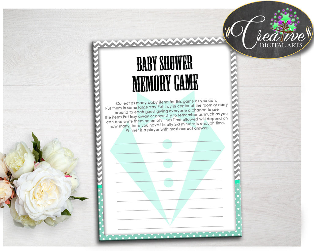 Little Man Baby Shower boy MEMORY game gentleman suit mint green and chevron gray printable, digital file, instant download - lm001