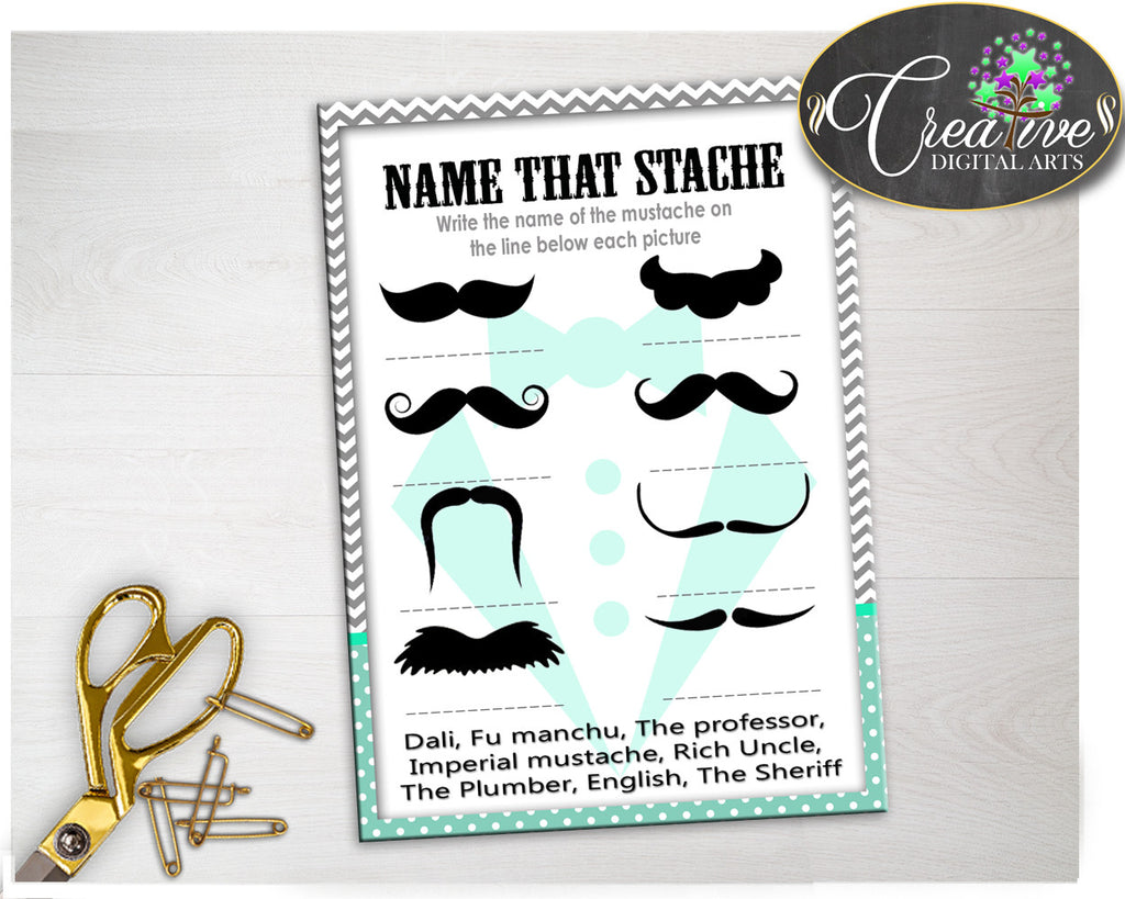 Baby Shower NAME THAT STACHE little man game chevron gray and mint green theme printable, digital file, Jpg Pdf, instant download - lm001