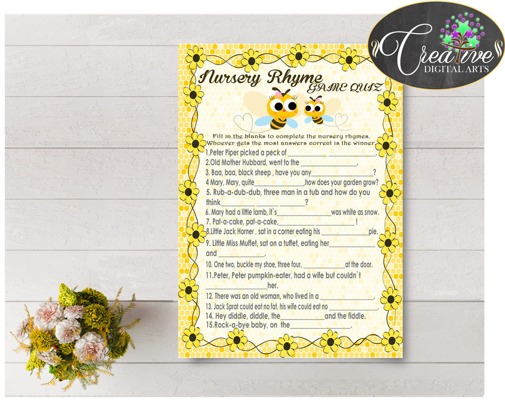 Baby Shower NURSERY RHYME QUIZ game with yellow bee printable, digital files, instant download - bee01