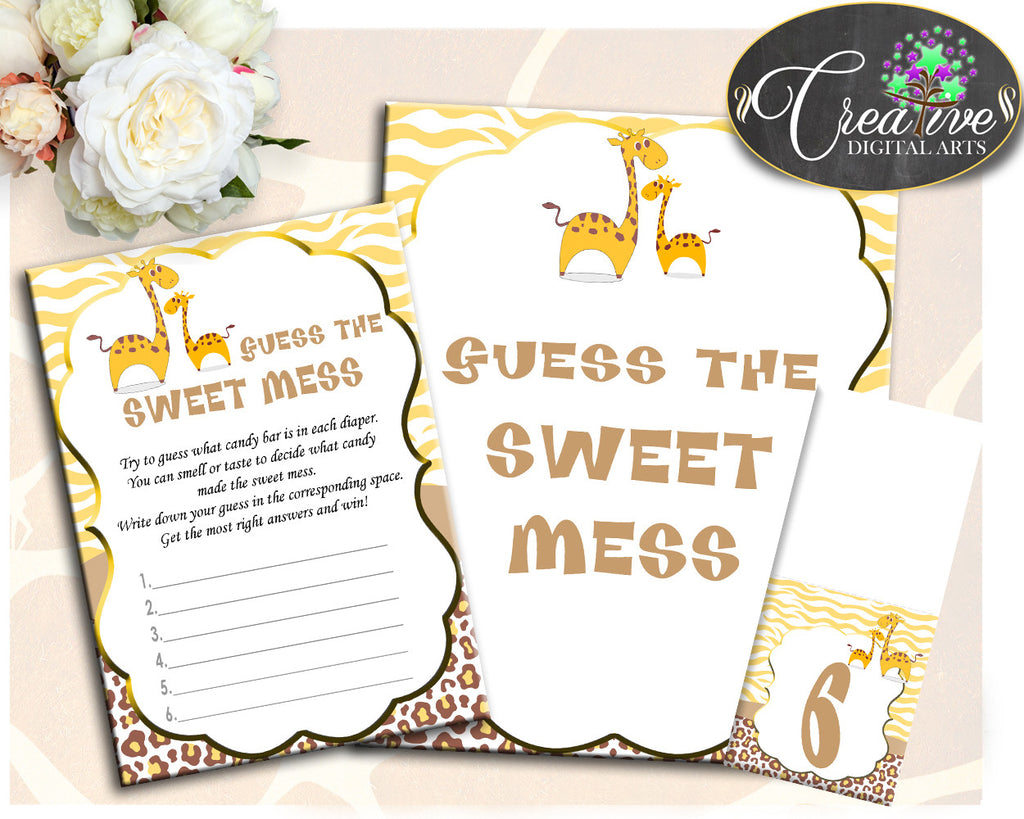 Giraffe Baby Shower Boy or Girl GUESS the SWEET MESS game cards tents and sign, brown yellow theme print, jpg pdf, instant download - sa001