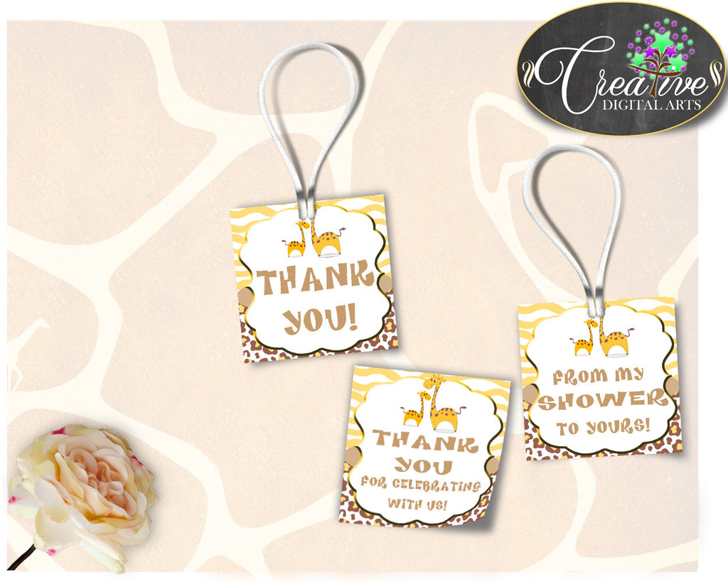 Giraffe Baby Shower THANK YOU favor square tags printable in brown and yellow theme, digital file, Jpg Pdf, instant download - sa001