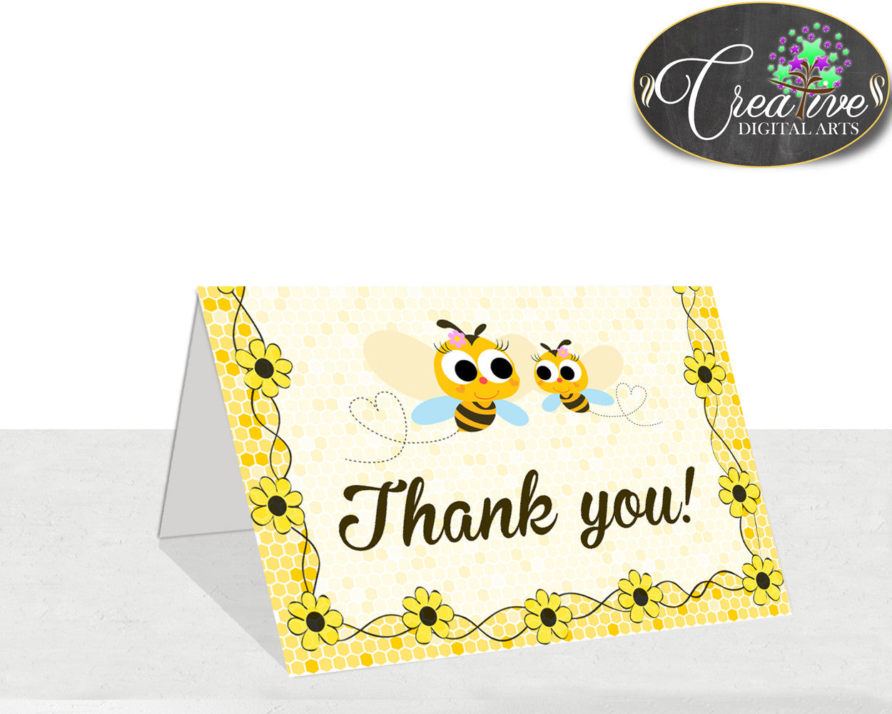 Baby shower THANK YOU card printable with yellow bee for boys and girls, instant download - bee01