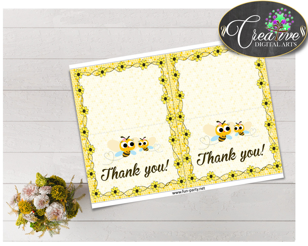 Baby shower THANK YOU card printable with yellow bee for boys and girls, instant download - bee01