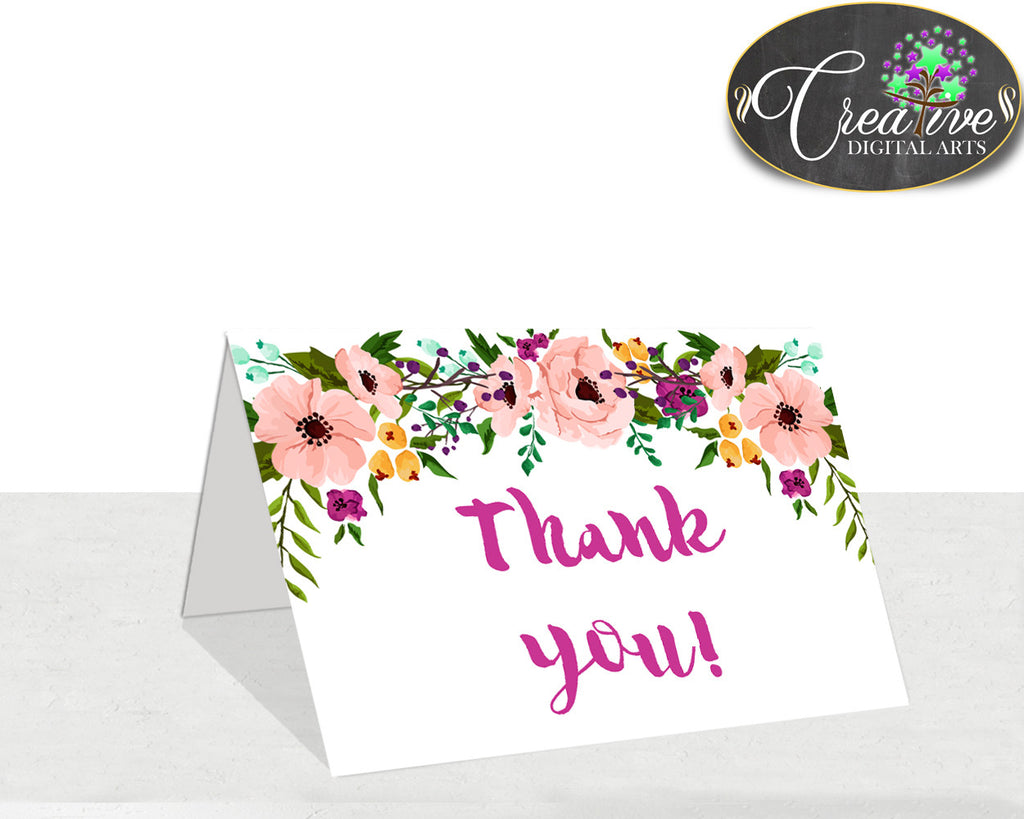 Watercolor Flowers Baby shower girl THANK YOU card party printable floral green pink theme, digital jpg pdf, instant download - flp01