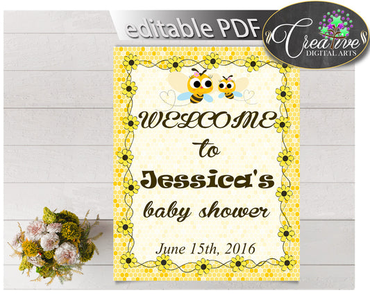 Baby Shower WELCOME sign editable with yellow bees, printable, digital files, pdf jpg, instant download - bee01