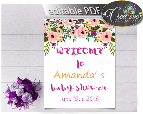Floral Baby Girl Shower WELCOME sign editable watercolor flowers pink green purple theme printable, digital files, instant download - flp01
