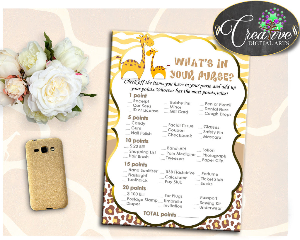 WHAT'S In YOUR PURSE giraffe baby shower boy or girl game printable, brown yellow theme, digital files, Jpg Pdf, instant download - sa001