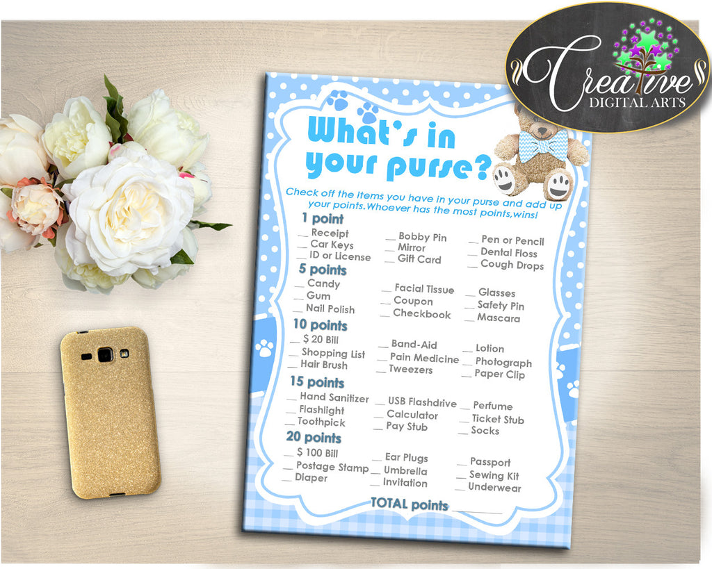 Teddy Bear Baby Shower WHAT'S In YOUR PURSE game printable,boy baby shower game blue, digital files Jpg Pdf, instant download - tb001