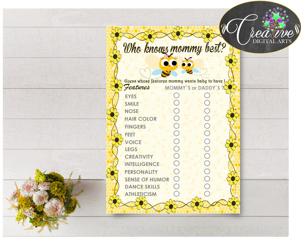 Who KNOWS MOMMY BEST baby shower game with yellow bee and honey printable, jpg pdf digital files, instant download - bee01