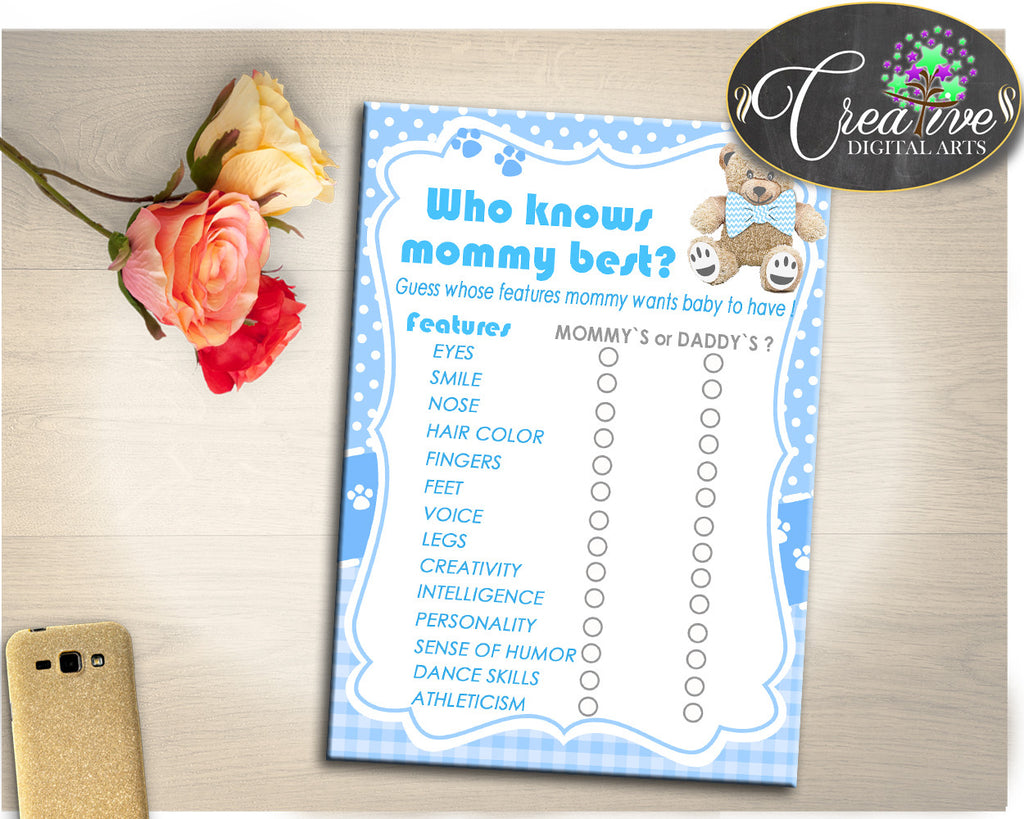 Who KNOWS MOMMY BEST baby shower teddy bear game, boy baby shower, baby shower printables, digital files Jpg Pdf, instant download - tb001