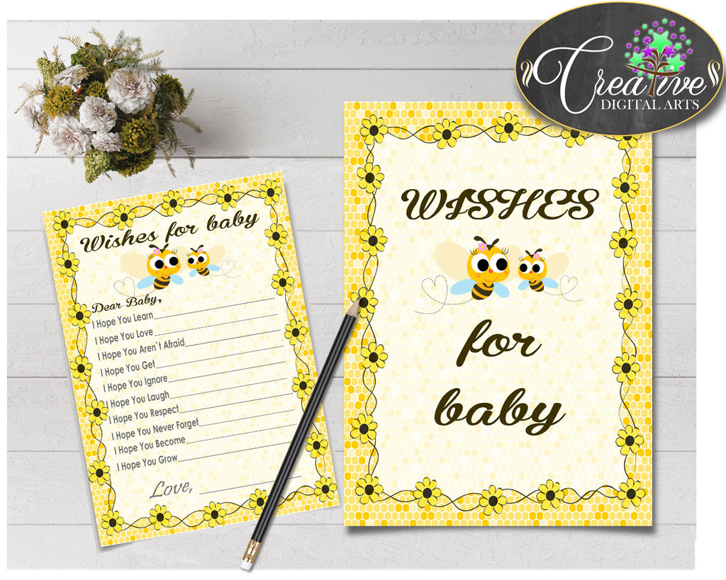WISHES FOR BABY activity advice for baby shower with yellow bee honey printable, Jpg Pdf, instant download - bee01