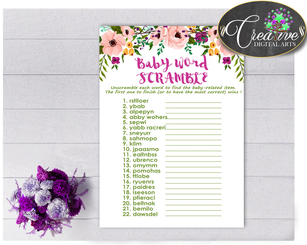 Baby Shower Girl Flowers WORD SCRAMBLE game with floral pink green purple theme printable, digital files, jpg pdf, instant download - flp01