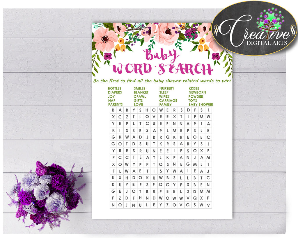 Baby Shower girl WORD SEARCH game with watercolor flowers pink theme printable, digital files, Jpg Pdf, instant download - flp01