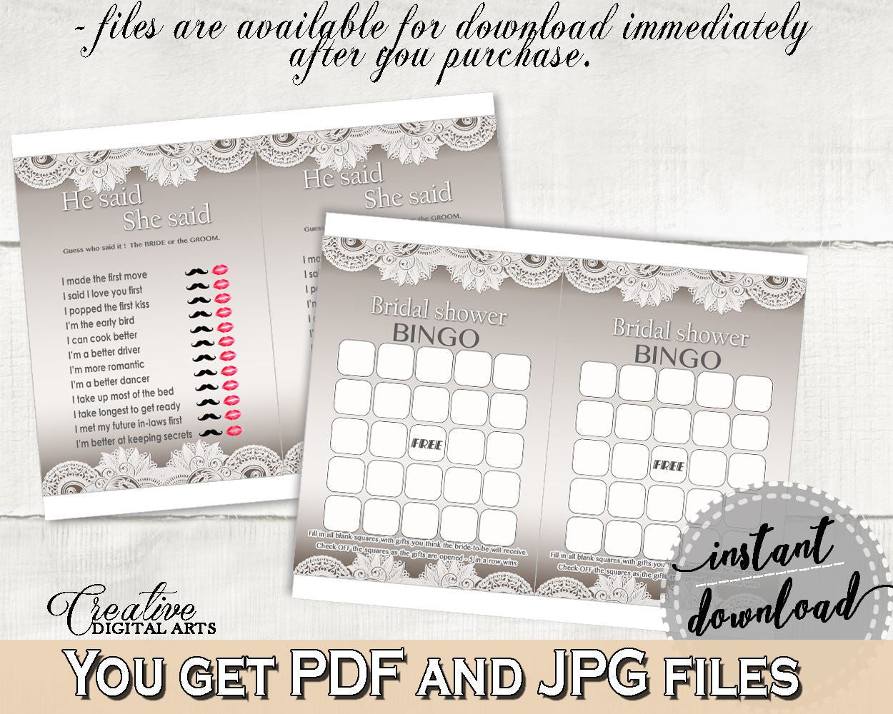 Brown And Silver Traditional Lace Bridal Shower Theme: Games Bundle - favorite games, lace design, digital print, party supplies - Z2DRE - Digital Product