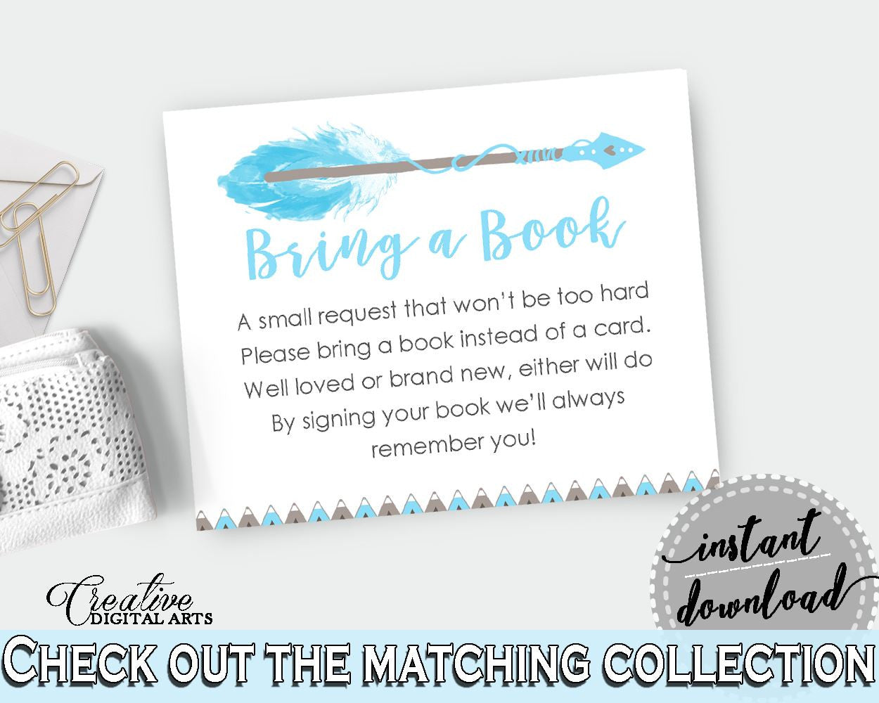 Bring A Book Baby Shower Bring A Book Aztec Baby Shower Bring A Book Blue White Baby Shower Aztec Bring A Book - QAQ18 - Digital Product