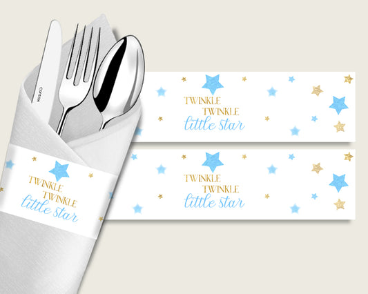 Stars Baby Shower Napkin Rings Printable, Blue Gold Napkin Wrappers, Boy Shower Utensils Wrap, Instant Download, Most Popular bsr01