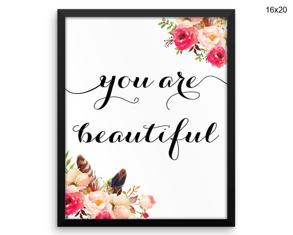 You Are Beautiful Print, Beautiful Wall Art with Frame and Canvas options available Typography Decor