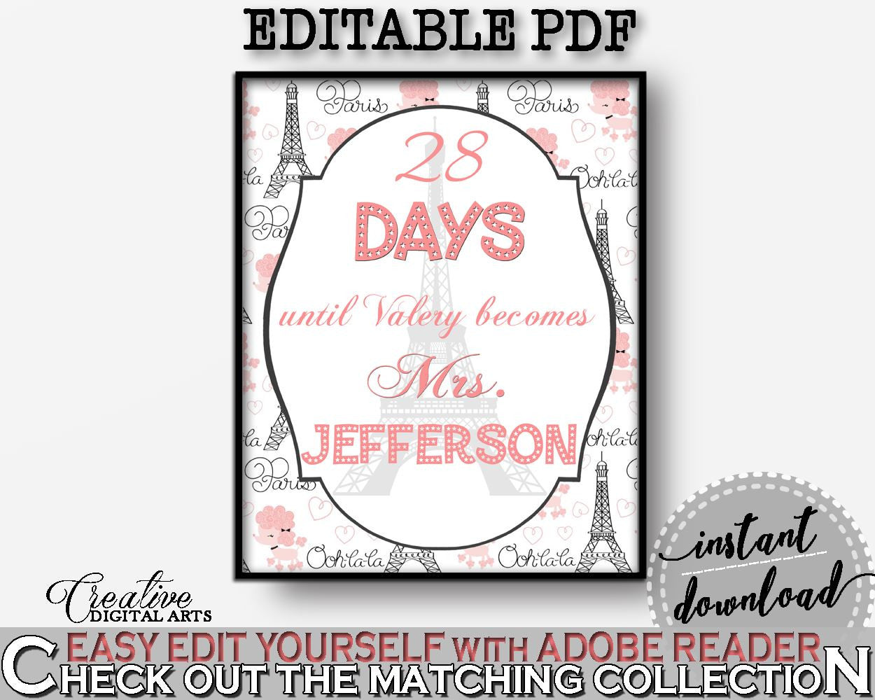 Pink And Gray Paris Bridal Shower Theme: Days Until Becomes - bridal shower sign, pink poodle, party supplies, party décor, prints - NJAL9 - Digital Product