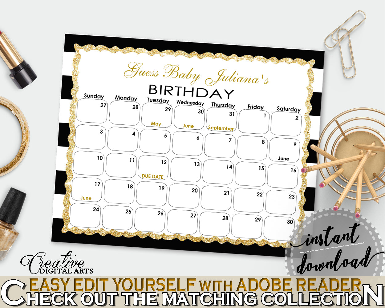 Baby Shower BIRTHDAY PREDICTION due date calendar editable with black white color stripes theme printable glitter, instant download - bs001