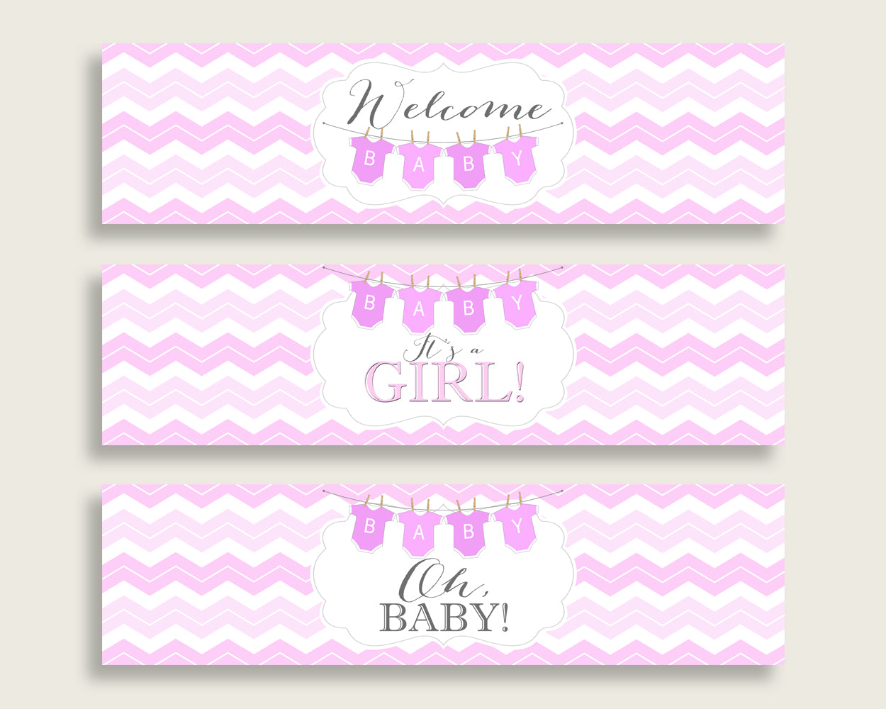 Pink White Water Bottle Labels Printable, Chevron Water Bottle Wraps, Chevron Baby Shower Girl Bottle Wrappers, Instant Download, cp001