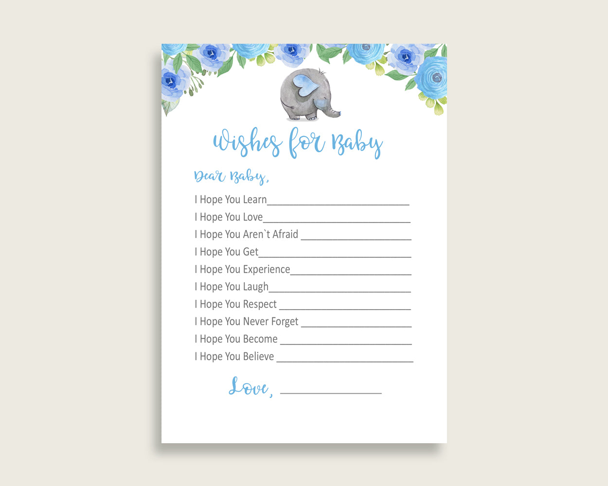 Blue Gray Wishes For Baby Cards & Sign, Elephant Blue Baby Shower Boy Well Wishes Game Printable, Instant Download, Dumbo Elephant ebl01