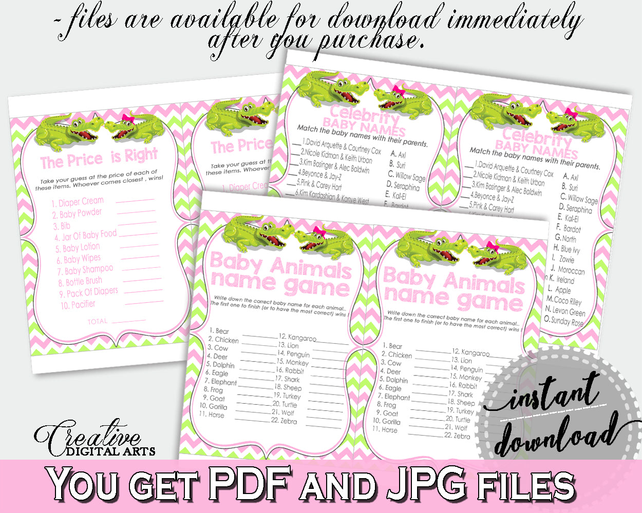 Pink and Green Baby Shower games package bundle printable with Green Alligator Crocodile for girl - Instant Download - ap001