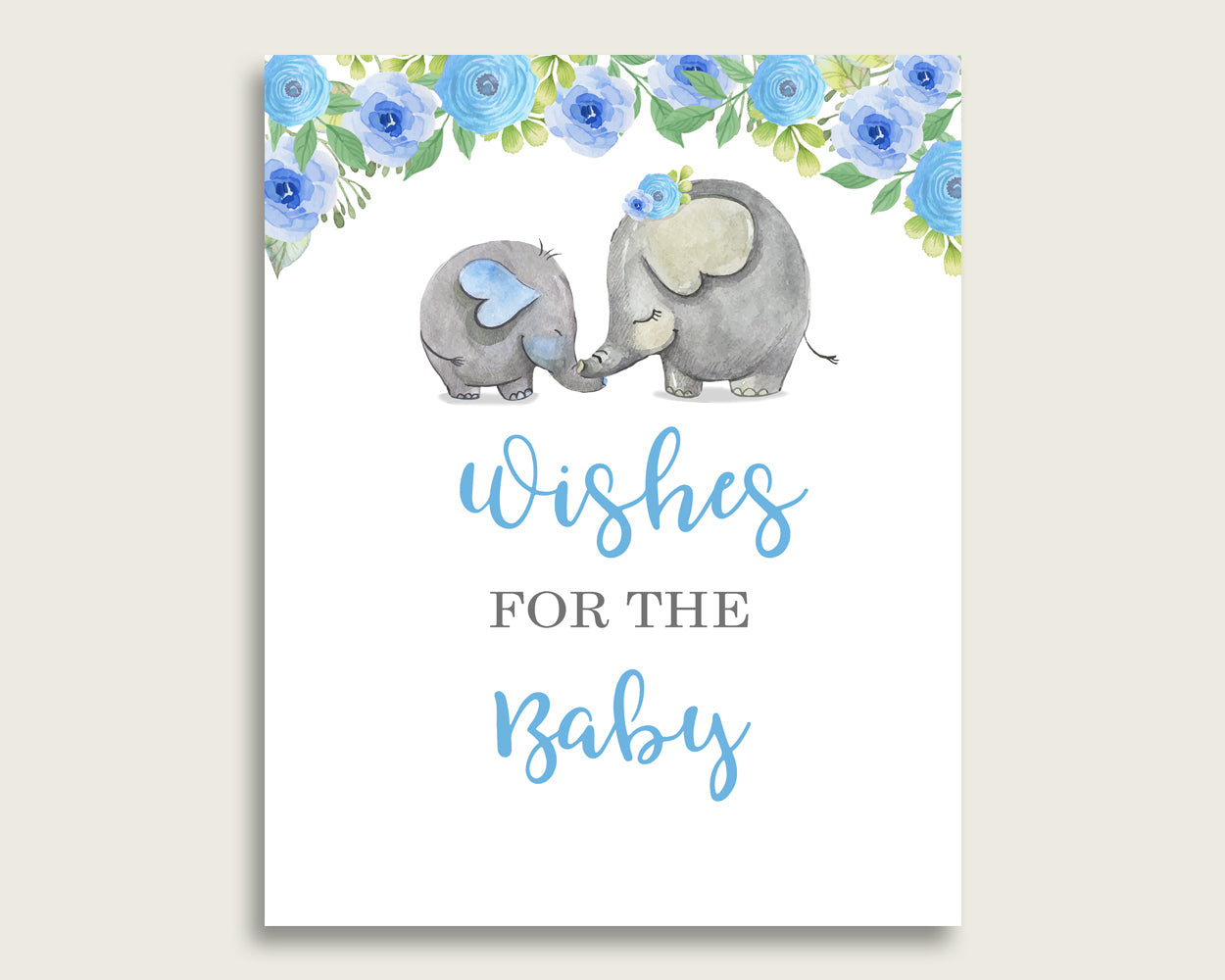 Blue Gray Wishes For Baby Cards & Sign, Elephant Blue Baby Shower Boy Well Wishes Game Printable, Instant Download, Dumbo Elephant ebl01