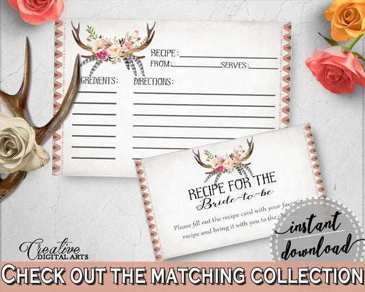 Antlers Flowers Bohemian Bridal Shower Recipe For The Bride To Be in Gray and Pink, shower recipe cards, printable files, prints - MVR4R - Digital Product