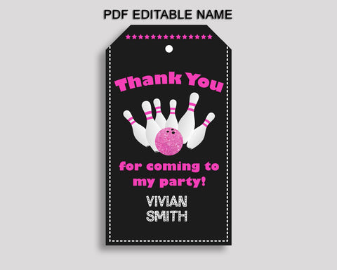 Bowling Gift Tags, Pink Black Birthday Party Thank You Tags, Bowling Printable Tags, Bowling Favor Tags Girl, WYP5V