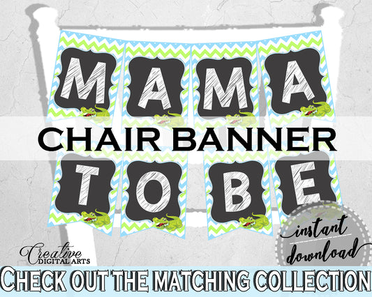 Baby shower CHAIR BANNER decoration printable with green alligator and blue color theme, instant download - ap002