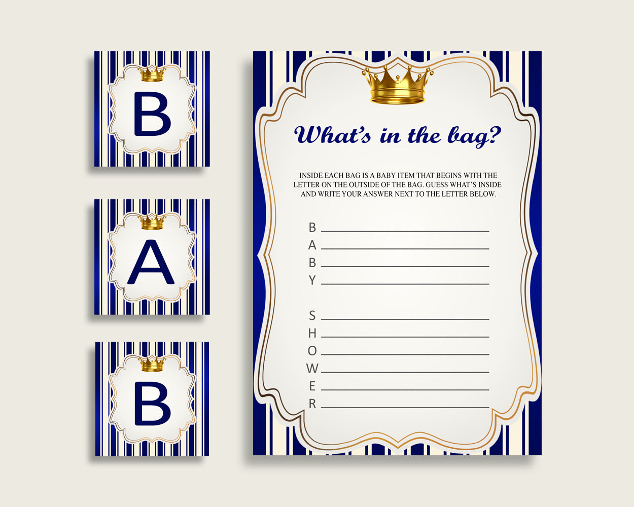 Royal Prince Baby Shower What's In The Bag Game, Blue Gold Boy Bag Game Printable, Instant Download, King Crown King Gold Crown rp001