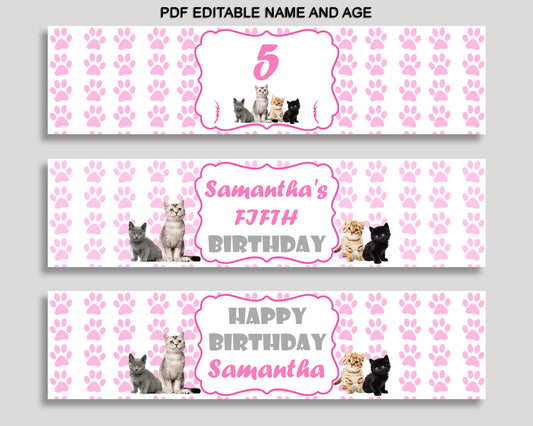 Printable Cat Water Bottle Labels Cat Bottle Wraps Pink White Birthday Bottle Labels Cat Editable Labels Girl INHA8