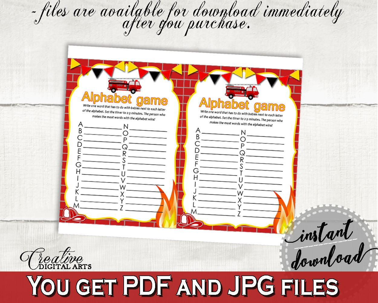 Alphabet Game Baby Shower Alphabet Game Fireman Baby Shower Alphabet Game Red Yellow Baby Shower Fireman Alphabet Game printable LUWX6 - Digital Product