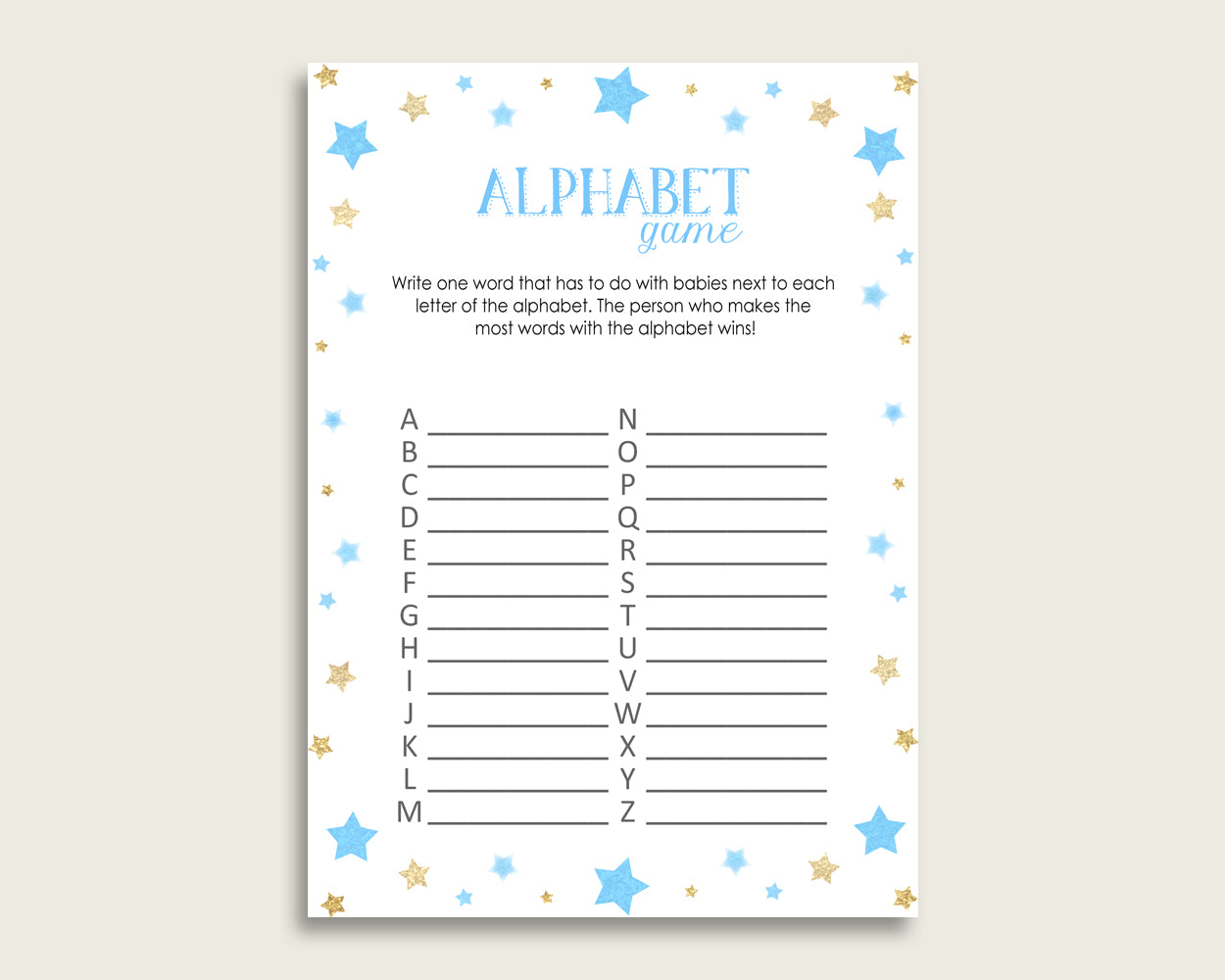 Blue Gold Alphabet Baby Shower Boy Game, Stars A-Z Guessing Baby Game Printable, ABC's Baby Item Name Game, Instant Download, bsr01