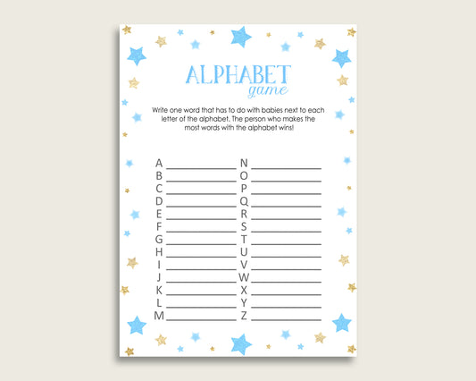 Blue Gold Alphabet Baby Shower Boy Game, Stars A-Z Guessing Baby Game Printable, ABC's Baby Item Name Game, Instant Download, bsr01