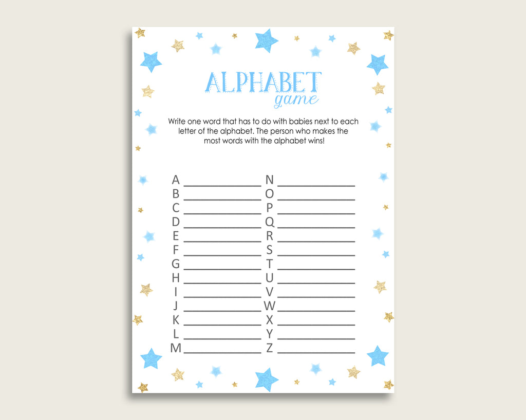 Blue Gold Alphabet Baby Shower Boy Game, Stars A-Z Guessing Baby Game Printable, ABC's Baby Item Name Game, Instant Download, bsr01