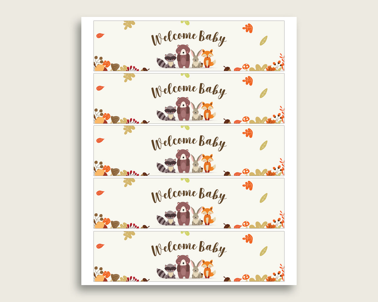 Brown Beige Water Bottle Labels Printable, Woodland Water Bottle Wraps, Fall Baby Shower Gender Neutral Bottle Wrappers, Instant w0001