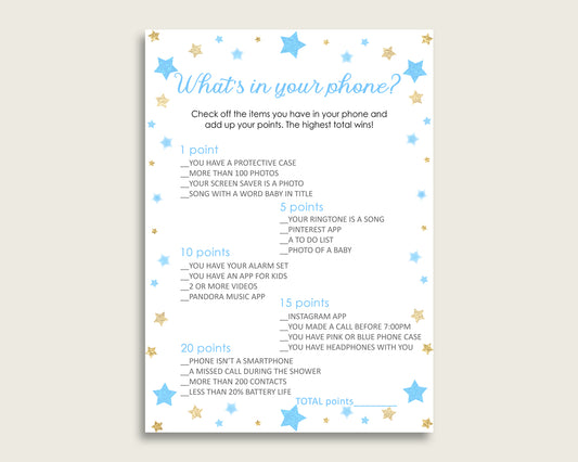 Blue Gold What's In Your Phone Game, Stars Baby Shower Boy, What's In Your Cell Phone Printable, Instant Download, Little Star bsr01