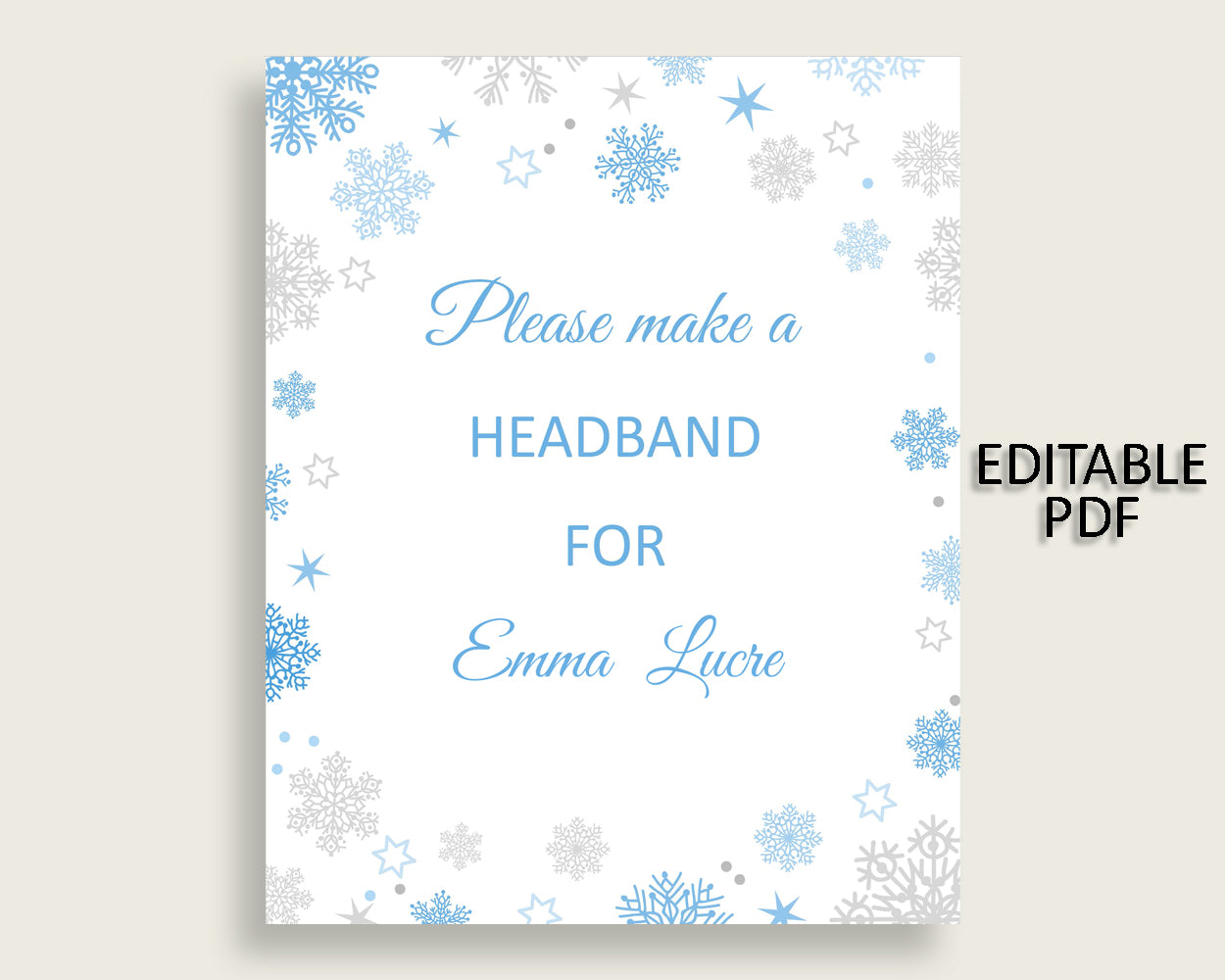 Headband Sign Baby Shower Headband Sign Snowflake Baby Shower Headband Sign Blue Gray Baby Shower Snowflake Headband Sign printable NL77H